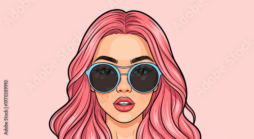Cool Woman with Pink Hair and Sunglasses - Pop Art Style Illustration