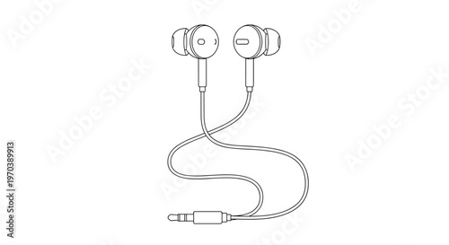 Meticulous black and white line art illustration of wired in-ear headphones featuring a long winding cable and a standard three point five millimeter jack.