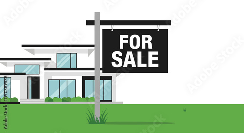 A bold black real estate sign with white text stands prominently on a green lawn in front of a contemporary white two-story luxury residential home.