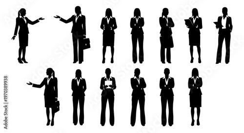 Diverse collection of businesswomen silhouettes in various professional poses, illustrating leadership, presentation, and corporate roles for modern graphic design projects
