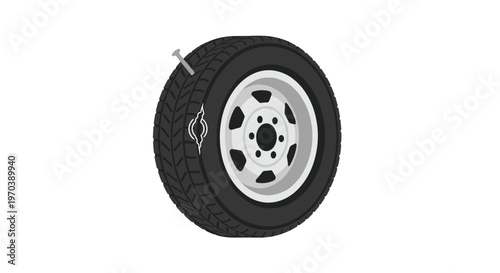 A damaged black rubber vehicle tire mounted on a multi-hole silver rim features a sharp metal nail protruding from the thick and durable tread surface.