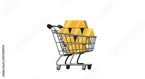A minimalist wire shopping trolley carries a modest pile of gleaming gold ingots against a stark white background with sharp and defined black outlines.