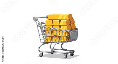 A shiny metallic shopping cart is completely filled with several rows of heavy stacked gold bullion bars under a bright and even professional studio light.