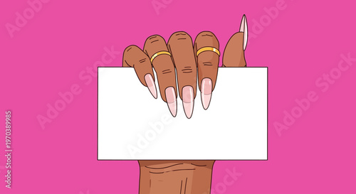 Hand holding a blank white card with manicured nails and rings against a vibrant pink background, ideal for graphic design or presentations
