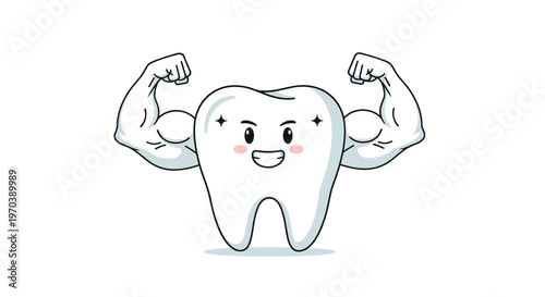A powerful white cartoon tooth character with bulging muscular arms and a cheerful expression stands confidently against a clean and minimalist white backdrop.