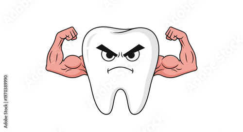 Strong cartoon tooth character with a determined angry face and powerful muscular arms flexing to demonstrate excellent dental health and enamel protection.