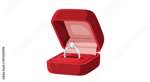 Elegant silver engagement ring featuring a brilliant cut diamond presented inside a luxurious open red velvet jewelry box with soft interior lining details.