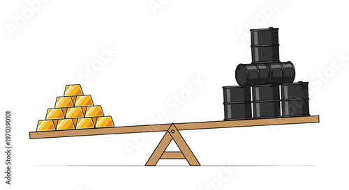 A simple wooden seesaw illustrates the economic balance between a gleaming pyramid of gold bars and a heavy stack of dark industrial oil barrels on a white background.