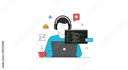 A flat vector image of a software engineer coding from home on a laptop with coffee, designed with simple shapes, a modern technology profession concept, and a white background.