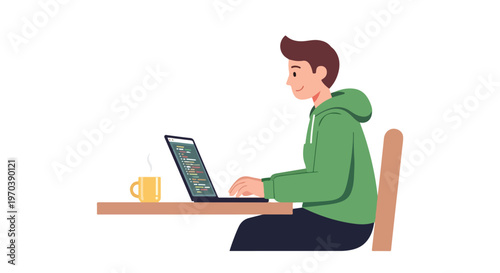 A minimal flat vector artwork depicting a software developer working remotely with laptop and coffee, using simple shapes, a modern tech profession concept, and a white background.