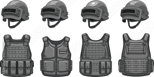 Tactical Combat Gear Set with Protective Helmets, Bulletproof Vests, and Military Armor for Soldiers, Security Teams, and Tactical Units.