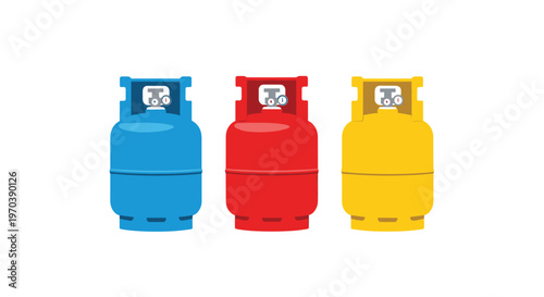 Three industrial gas cylinders painted in bold blue red and yellow hues stand side by side featuring detailed silver valves and pressure gauges on a white background.