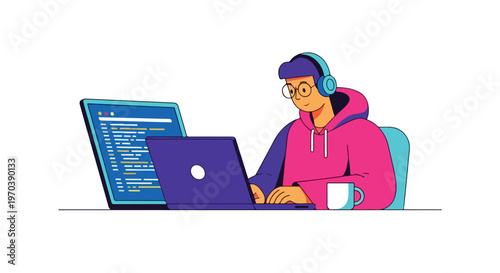 A flat vector illustration of a remote software developer working on a laptop with a cup of coffee, featuring a modern tech profession concept, simple shapes, and a white background.