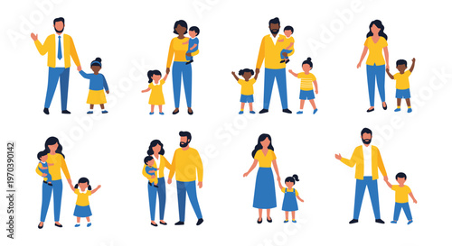 A diverse collection of eight family units showcases various parental pairings and children in casual yellow and blue attire on a white background.