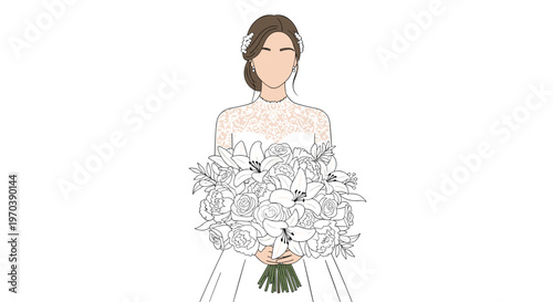 An elegant faceless bride wears a sophisticated lace wedding dress while holding a magnificent and oversized bouquet of pristine white lilies and roses on a white background.