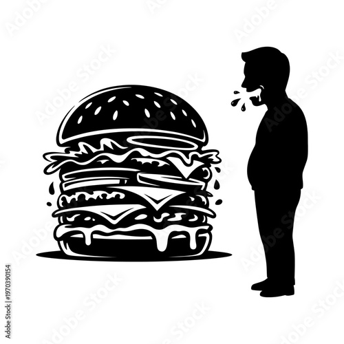 Conceptual silhouette of a person facing a giant hamburger representing junk food addiction and unhealthy eating habits