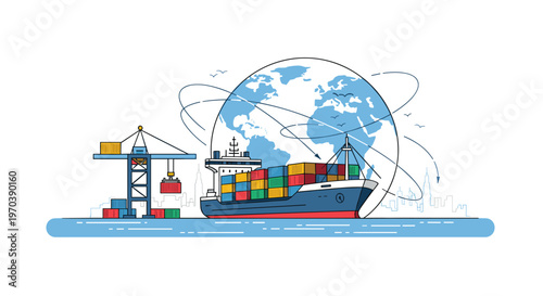 A massive blue container ship transports international cargo across the ocean with a large globe and harbor crane under a bright clear sky background.