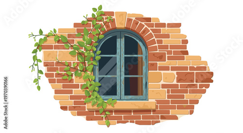 A picturesque weathered red brick wall contains a classic arched blue window frame partially obscured by a vibrant green climbing vine with leaves.