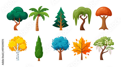 Diverse colorful tree collection in flat style with vibrant colors isolated vector