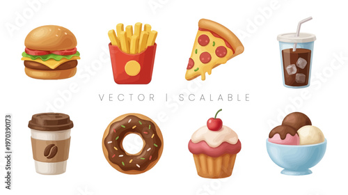 Fast food and desserts colorful 3D style vector icon set isolated