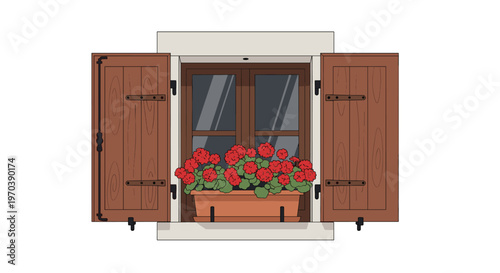 A charming rustic window with dark brown wooden shutters stands open to reveal a beautiful terracotta box filled with blooming red geraniums against stone.