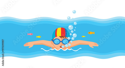 A joyful young child wearing a vibrant striped swim cap and blue goggles glides through clear blue water filled with rising bubbles and fish.
