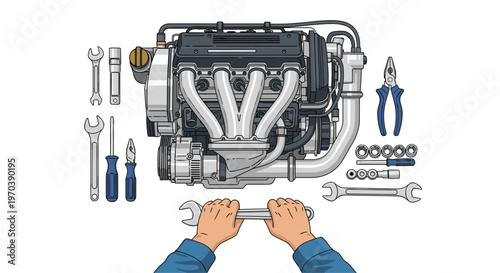 A comprehensive top-down view showcases a meticulous mechanic organizing various specialized tools around a silver engine assembly for a thorough vehicle inspection.