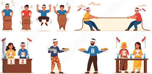 Traditional Festival Games Icon Set with Sack Race, Tug of War, and Food Relay for Family, Community, and Event Celebrations.