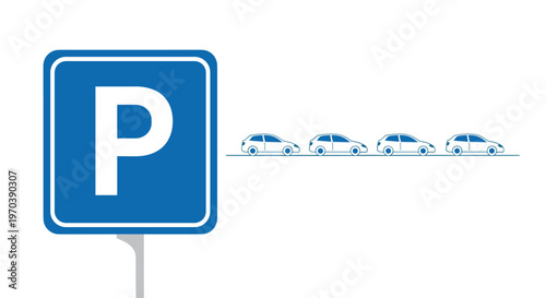 A prominent blue square parking sign featuring a bold white letter P stands beside a long row of identical white cars parked in a straight line.