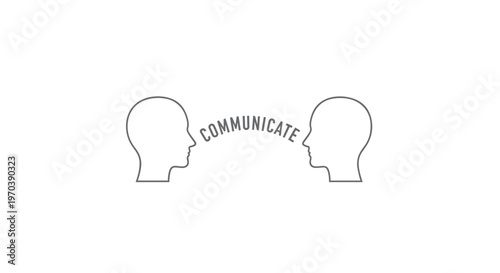 Two minimalist grey profile outlines of human heads face each other while the word communicate is positioned in an arch between their foreheads.
