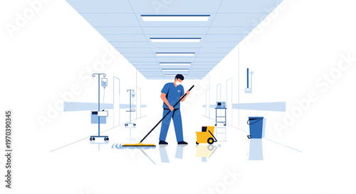 A professional male janitor wearing blue scrubs and a protective face mask meticulously mops the reflective white floor of a sterile hospital corridor.