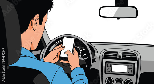 A male driver viewed from behind the shoulder holds a modern smartphone with both hands while sitting behind the steering wheel of a grey sedan car.