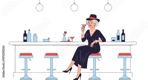 A stylish elderly woman wearing a chic black dress and matching hat sits elegantly on a tall blue barstool while sipping a vibrant red cocktail drink.