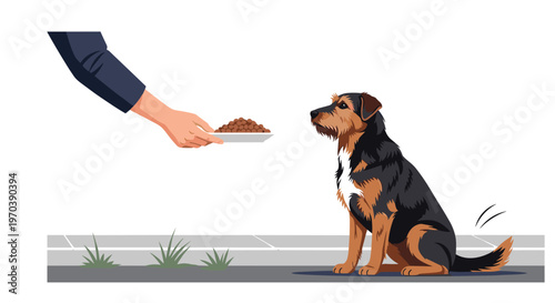 A caring human hand offers a small white plate of nutritious brown kibble to a patient black and tan terrier dog sitting on a grey concrete sidewalk.