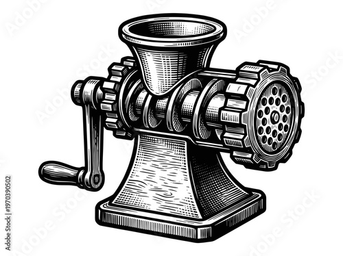 Vintage Electric Meat Grinder Kitchen Appliance Engraving Illustration Black and White Line Art