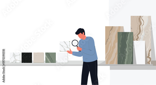 A focused man uses a magnifying glass to meticulously inspect the intricate veining of a white marble tile sample within a spacious and bright showroom.