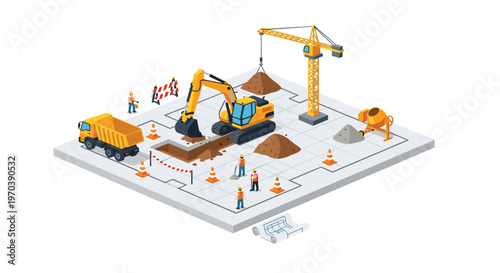 This detailed isometric graphic showcases a bustling construction site where heavy machinery like excavators and cranes operate alongside workers on a grid layout.