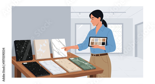A professional female designer stands in a modern showroom using a digital tablet to help select elegant marble and granite tile samples for a project.
