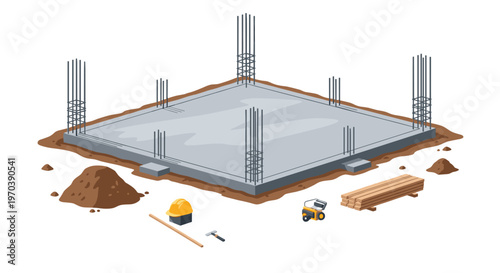 A meticulous isometric illustration depicts a sturdy concrete building foundation with vertical steel rebar pillars surrounded by loose soil and essential tools.