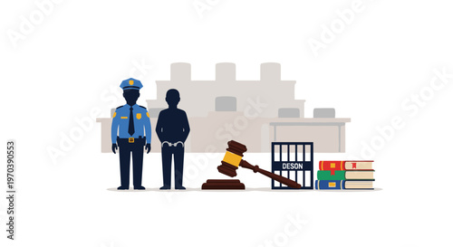 A dark silhouette of a handcuffed person stands beside a police officer in a blue uniform near a wooden judicial gavel and a small jail cell icon today.
