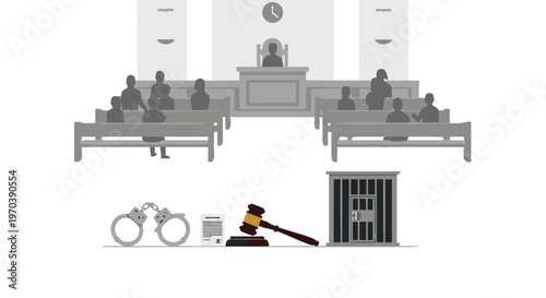 A detailed grayscale courtroom scene depicts a judge and audience above a row of legal symbols including handcuffs a judicial gavel and a jail cell now.
