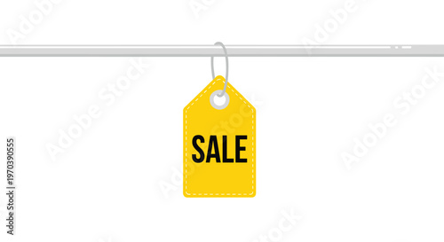 A vibrant bright yellow price tag with the word sale printed in bold black letters hangs from a thin gray horizontal bar against a white background now.