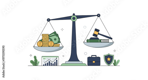 A meticulous dark blue balance scale compares a stack of green banknotes and gold coins against a thick law book and a wooden judicial gavel right now.