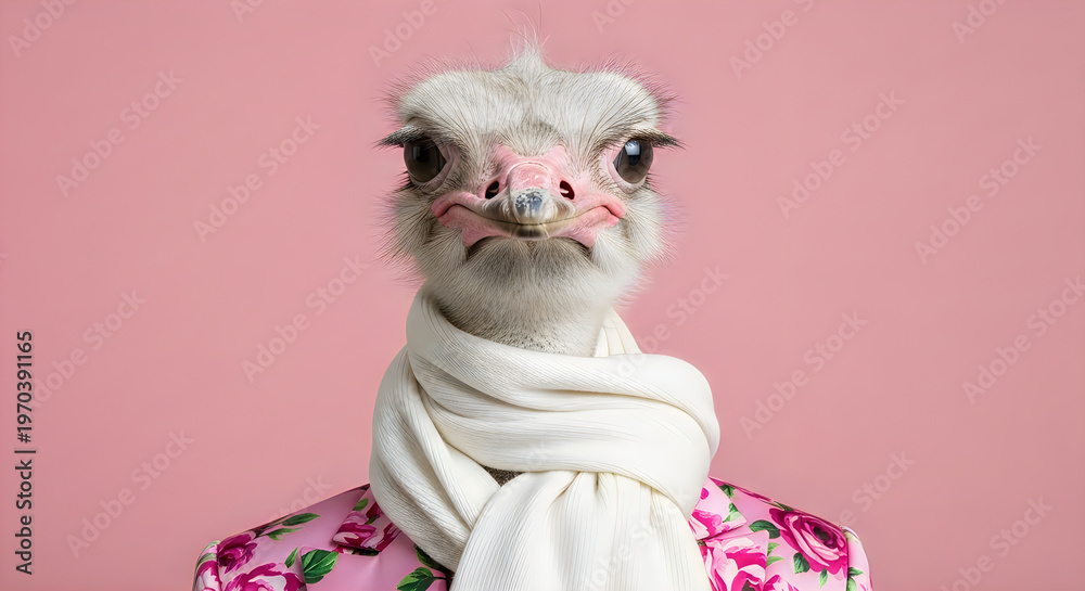 Naklejka premium A charming portrait of an alpaca adorned with a floral dress and a delicate white scarf set against a soft pink backdrop