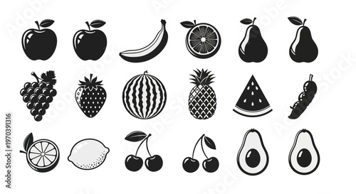 A variety of fruit icons in black.