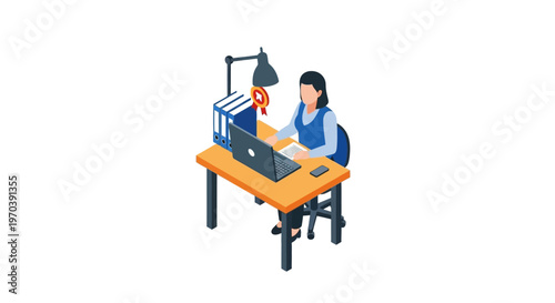 woman sitting at desk with laptop and lamp.