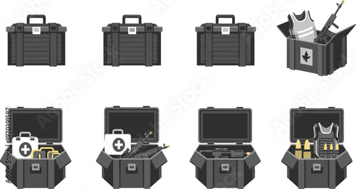 Tactical Gear Storage Box Set with Medical Kits, Ammunition, and Defense Equipment for Military, Security, and Emergency Preparedness.