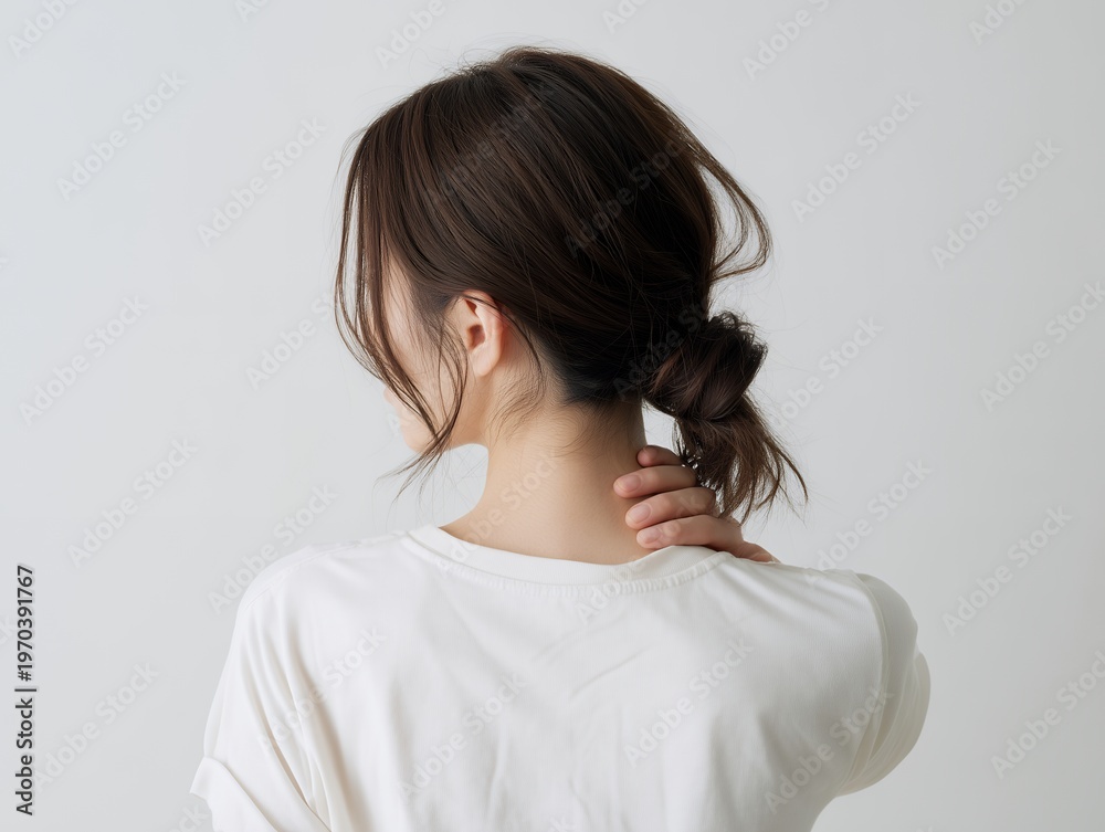 Fototapeta premium 首の痛みや肩こりに悩み手を添える後ろ姿の女性と清潔感のある白いTシャツのライフスタイル