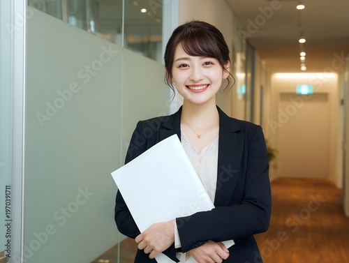 オフィスビル内の明るい通路で白い資料を手に持ち笑顔でこちらを見つめるビジネスウーマン