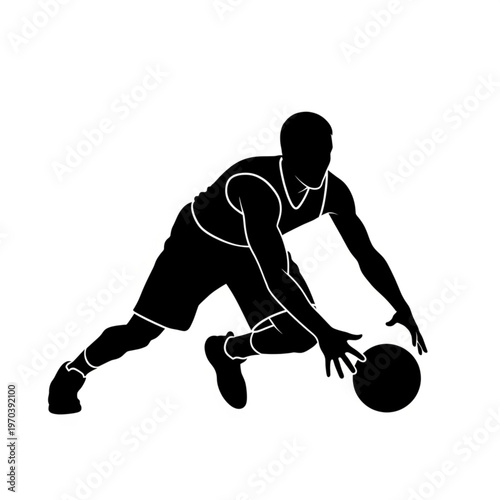 Black silhouette of a basketball player dribbling a ball, isolated on white background